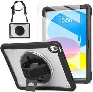 BLOSOMEET Clear Case for iPad A16 11th/10th Generation 11"/10.9" 2025/2022 with Tempered Glass Screen Protector & Pencil Holder, Cover for 10th Gen A2696/A2757/A2777 with Stand Shoulder Strap, Black