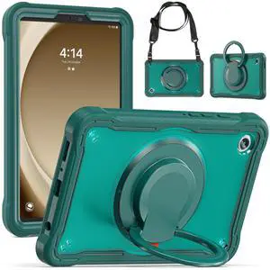 BRAECN Case for Samsung Galaxy Tab A9 8.7 Inch 2023 Shockproof Rugged Protective Cover with Pencil Holder Rotating Stand Carrying Shoulder Strap for Samsung Galaxy Tab A9 Tablet, Midnight Green