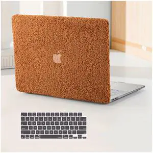 BYCeKe Compatible with MacBook Air 13.6 inch Case 2022-2025 M4 A3240 M3 A3113 M2 A2681, Soft Fluffy Fuzzy Plush Faux Fur Cream Leather Hard Shell Case&Keyboard Cover for Mac Air 13.6 Laptop, Brown