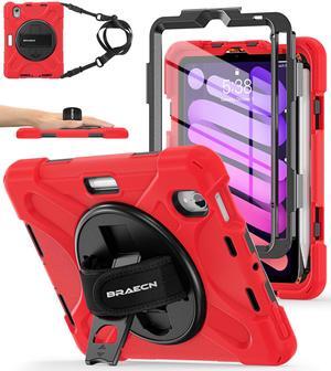 BRAECNstock Case for Apple iPad mini 7 (A17 Pro) 2024/ Mini 6 8.3", Shockproof Protective with Pencil Holder, Screen Protector, Rotating Hand Strap & Stand, Kids Case for iPad mini 7th/6th Gen, Red