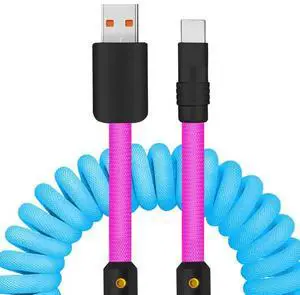 chubbycable Curly Chubby - 240W Coiled USB C Cable Spring Retractable Fast Charging Cable for Car Compatible with CarPlay, Android Auto, Blue+Pink, USB-A to Type-C, 2.29FT-3.6FT