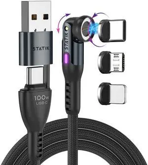 STATIK 360 Pro Magnetic Charging Cable - 100W Fast Charging Magnetic USB C Charging Cable, Magnetic Charger Cable Compatible with Apple Devices, USB-C, Micro-USB, USB-A Adapter - Black 6FT/2M