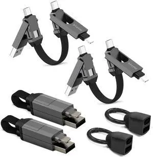 Statik HexCharge Keychain Charger Cable - Portable 4 in 1 Charging Cable Key Ring, 60W Fast Charging, Universal Multi Charging, Compatible with iPhone, USB C, and USB A - 2-Pack