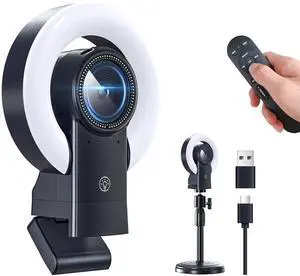 4K Webcam with Light, Web Cam with Speaker, Dual Noise Reduction Plug and Play, Web Camera for Desktop Computer, Auto-Focus, Privacy Protection, Webcam for PC Zoom Skype