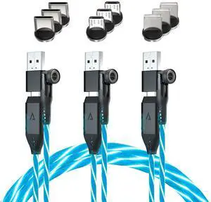 Statik 360 Pro Magnetic Charging Cable - 100W Fast Charging USB C Charging Cable, Magnetic Charger Cable Compatible with Apple, USB-C, Micro-USB, USB-A - Globright Glowing LED, 6FT/2M