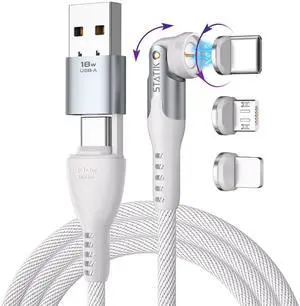 Statik 360 Pro Magnetic Charging Cable - 100W Fast Charging USB C Charging Cable, Magnetic Charger Cable Compatible with Apple Devices, USB-C, Micro-USB, USB-A Adapter - White 6FT/2M