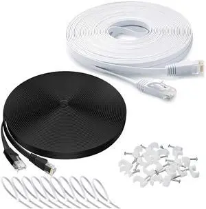 DAYEDZ Ethernet Cable 100 ft 2 Pack Cat 6 Flat Cable Ethernet Cord, Slim Long Cat6 High Speed Computer Router Network LAN Patch Wire with Clips & Rj45,Faster Than Cat5e/Cat5,100 feet White+Black Cable