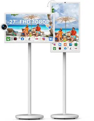 Dhiedas 27-Inch Portable Rolling TV, 1080P Smart Portable Wireless Touch Screen TV on Wheels with 8G RAM+128G Storage, 13MP HD Camera, Dua Speakers, Larger Battery Up to 10hr, 60Hz Refresh Rate