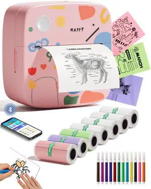 Sticker Printer Print Pod, Mini Portable Printers with 8 Rolls Paper, Inkless Sticker Maker Bluetooth Pocket Printer for Organization,DIY,Crafts,Journal,Study,Work,Label Compatible Phone&Tablet (Pink)