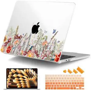 DONGKE Compatible with M4 MacBook Air 15 inch Case 2025 2024 2023 A3241 A3114 A2941 M3 M2 Liquid Retina Display Touch ID, Plastic Hard Case & Keyboard Skin & Screen Protector - Floral Illustration