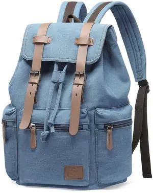 DTGN Vintage Canvas Backpack for Men & Women, Durable Casual Daypack with Leather Accent, Fits for College, Work, Travel, & Outdoor, Blue