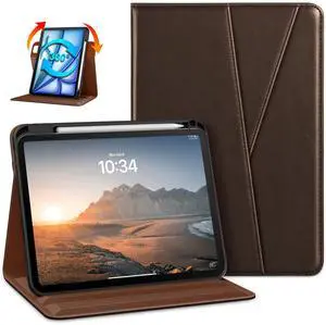 DTTO Rotating Case for iPad Air 11-inch M3 / M2 (2025/2024), iPad Air 5th / 4th Gen (2022/2020), 360 Degree Swiveling Premium Leather Folio Stand Cover with Pencil Holder, Dark Brown