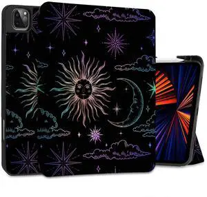 DONGKE Case for iPad Pro 12.9 inch 6th Generation 2022, Built-in Pencil Holder + Trifold Stand + Auto Wake/Sleep + Protective Cover for iPad Pro 12.9 5th/4th/3rd Gen - Sun & Moon