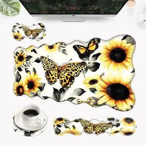 EFGWSDER Desk Mat, Mouse Pad with Wrist Rest, 4-in-1 Large Mouse Pads for Desk, Ergonomic Mouse Pad and Keyboard Wrist Rest Gaming Keyboard Mat for Office,Sunflower and Butterflies