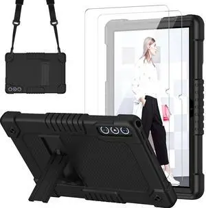 FIEWESEY for KADYBE D106 Tablet Case with 2 Pcs Screen Protector,Heavy Duty Kids Shockproof Stand Shoulder Strap Case for MEIZE D106/VOZIZOV D106/FEONAL Android 14 10.1 inch Tablet (Black)