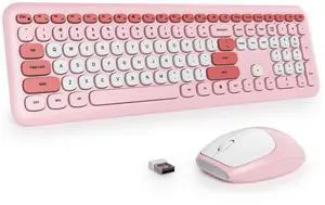 Fogruaden Quiet Wireless Keyboard and Mouse Combo, 2.4GHz Retro Cute Typewriter Full-Size Colorful Pink Keyboard, Slim Design, Low-Noise Typing for Home, Office, Windows PC, Laptop