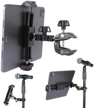 FPN Aluminium Tablet Holder Mount for Mic Stand, Tablet Stand Handlebar Clamp Mount for Microphone Stand/Treadmill/Stroller/Stationary Bike, Compatible with 4.7-13" iPad Pro 12.9, Galaxy Tabs, Phones