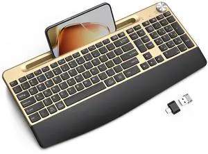 GAMCATZ Ergonomic Wireless Keyboard with Wrist Rest-Low-Profile,Phone/Tablet Holder,Quiet Design,Windows & Mac OS,Full Size Cordless USB Computer Keyboard for Desktop,Laptop, PC, Mac, Windows-Gold