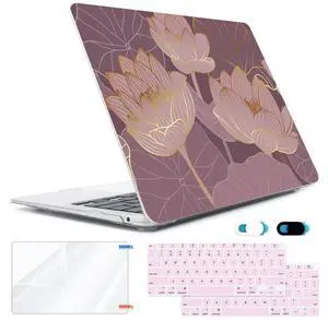 HOHAIYOO for MacBook Air 13 inch Case 2021 2020 2019 2018 A2337 M1 A2179 A1932, Plastic Hard Shell Case&Keyboard Cover&Screen Protector&Webcam Cover Compatible with MacBook Air 13" Retina, Lotus