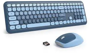 Surmen Cute Colorful Keyboard and Mouse Wireless Silent, Full-Size Retro Typewriter Wireless Quiet Slim Keyboard Low-Noise 2.4GHz for Computer, Desktop, Laptop(6-Ocean Blue)