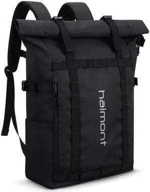 Haimont Rolltop Backpack for Men Women Water-Resistant Carry on Travel Backpack Casual Daypack with Laptop Compartment for Work Trip Hiking, 20L, Black