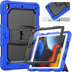 HXCASEAC Shockproof Case for iPad 9th / 8th / 7th Generation 10.2 inch, with Pencil Holder & Built-in Screen Protector & Foldable Stand (2021/2020/2019) - Blue