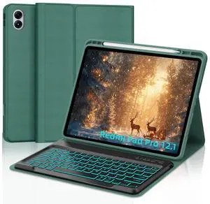 IVEOPPE Keyboard Case for Xiaomi Redmi Pad Pro 12.1 Inch 2024/Xiaomi Poco Pad 12.1", 7 Colors Backlit, Detachable Bluetooth Wireless Keyboard Slim PU Stand Cover with Pencil Holder,Deep Green
