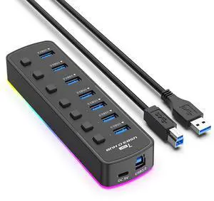 USB Hub 3.0, LED 7-Port USB Hub Splitter with Individual On/Off Switches and Lights, Long Cable Compatible for MacBook, Laptop, Surface Pro, PS4, PC, Flash Drive, Mobile HDD