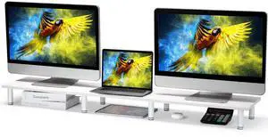 La Jaco 47 Inch Extra-Long Dual Monitor Stand Riser for 2 Monitors, Desk Shelf TV Riser Blocks, Wood and Steel Desktop Riser for Computer, Laptop, Printer, Home Office Organization, White
