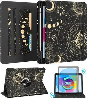 Kidcube for iPad 10th Generation Case 2022, for iPad (A16) Case 11th Generation 2025 - Women Girls Cute Rotating Stand Folio Cover with Pencil Holder & Card Slot Girly Sun Moon Star Design Teens Cases