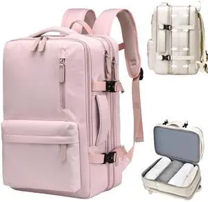 KEQIKAI Travel Laptop Backpack for Men Women, Expandable Carry on Backpack Airplane Approved, Large Waterproof 15.6" Daypack Backpacks with USB Charging Port for Trip College Hiking, Pink