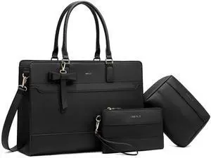 Keyli 3pc Sets Laptop Bag Work Bags for Women,15.6 Inch Laptop Tote Bag Purses Waterproof Vegan Leather Computer Briefcase Professional Business Shoulder Handbags for Teacher Office Travel Black
