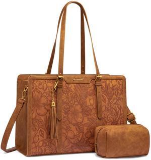 LOVEVOOK 17.3 Inch Laptop Bag for Women,Vintage Leather Work Tote with Clutch Purse, Large Capacity Computer Bag for Office, Travel & Casual Use