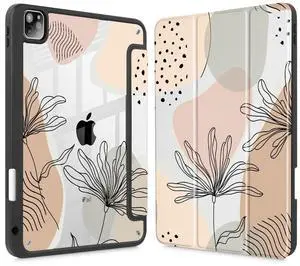 May Chen for iPad Pro 12.9 Case (2022 2021 2020, 6th/5th/4th Gen), [ Built Pencil Holder 2 Support ] Ultra Thin Clear Back Shell with Trifold Support Auto Wake/Sleep, Flowers and Leaves