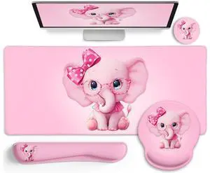 LIMKRIAN Elephant Mouse Pad Desk Mat Set, Kawaii Gaming Ergonomic Mouse Pad with Wrist Support Wrist Rest for Computer Keyboard Cup Coaster, Cute Pink Elephant Office Supplies Desk Decor Accessories