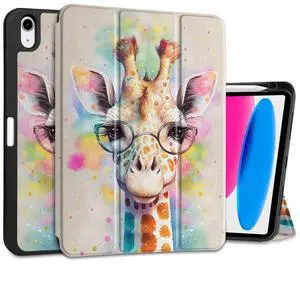 MEEgoodo Case for iPad A16 11th Generation 11 inch 2025/iPad 10th Generation 10.9 inch 2022, Tablet Cover with Trifold Stand + Pencil Holder + Auto Wake/Sleep + Soft TPU Back Cover, Giraffe