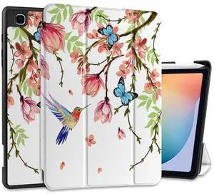 MEEgoodo for Samsung Galaxy Tab S6 Lite 10.4 inch Case 2022 2020 Model (SM-P610/P613/P615/P619) with S Pen Holder,Smart Cover with Trifold Stand + Soft TPU Back Shell + Auto Wake/Sleep,Birds & Flowers