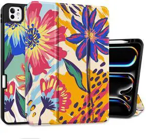 MEEgoodo Case for M4 iPad Pro 11 inch Case 2024, Tablet Cover with Trifold Stand & Pencil Holder & Auto Wake/Sleep & Soft TPU Back Cover, Art Painted Flowers