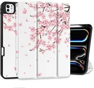 MEEgoodo Case for M4 iPad Pro 11 inch Case 2024, Tablet Cover with Trifold Stand & Pencil Holder & Auto Wake/Sleep & Soft TPU Back Cover, Cherry Blossoms