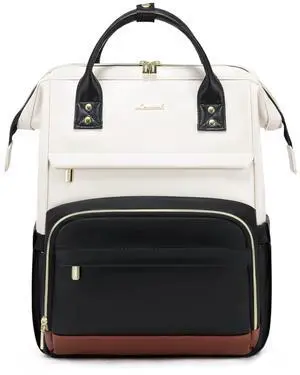 LOVEVOOK Leather Backpack for Women,18 inch Leather Laptop Backpacks Women,Professional Work Backpacks Nurse College Teacher Bag,Womens Laptop Tote Bag Computer Travel Backpack,Beige White-Black-Brown