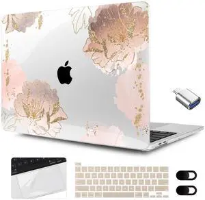 MEEgoodo for MacBook Pro Case 13 inch 2022 2021 2020 A2338 M2/M1 A2251 A2289 with Touch ID, Clear Laptop Hard Shell Case with Keyboard Webcam Cover & Trackpad Film & Type C Adapter, Pink Peony Flowers