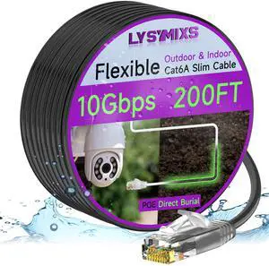 Lysymixs Cat6a Slim Ethernet Patch Cable 200ft Outdoor & Indoor, Flexible 10G Cat6 Internet Network Cable Waterproof LLDPE UV Jacket, Pure Copper Cat 6 Ethernet Cable for POE, Black