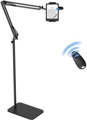 Floor Tablet Holder for Kindle with Remote Page Turner, Kindle Stand for Reading in Bed on Paperwhite Colorsoft Scribe E-reader, Lazy Arm Phone Mount for E-book Reading with Clicker Accessories