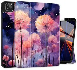May Chen Case for iPad Pro 11-inch 2024 5th Generation M4 Chip, [Built Pencil Holder 2/USB-C] Soft TPU Back Cover with Trifold Stand Support Auto Wake/Sleep, Dreamflower
