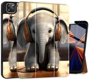 May Chen Case for iPad Pro 11-inch 2024 5th Generation M4 Chip, [Built Pencil Holder 2/USB-C] Soft TPU Back Cover with Trifold Stand Support Auto Wake/Sleep, Baby Elephant