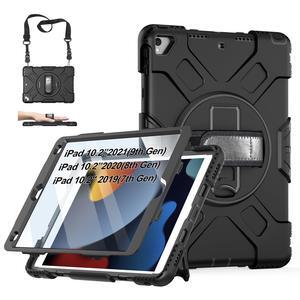 Case for iPad 9th/8th/7th Generation 10.2 Inch: Silicone Cover for iPad 10.2 Inch with Screen Protector - Stand - Handle - Shoulder Strap- Pencil Holder- Black