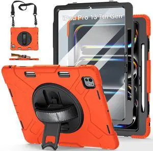 Case for iPad Pro-13 Inch 7th Generation 2024: Military Grade Cover for iPad Pro-13 (M4) W/Screen Protector - Stand - Handle - Shoulder Strap - Pencil Holder- Orange