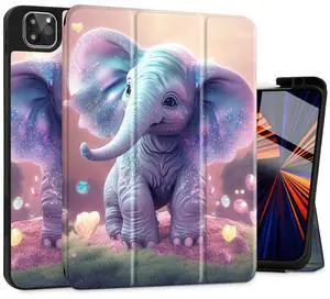May Chen Case for iPad Pro 11-inch 2024 5th Generation M4 Chip, [Built Pencil Holder 2/USB-C] Soft TPU Back Cover with Trifold Stand Support Auto Wake/Sleep, Happy Elephant