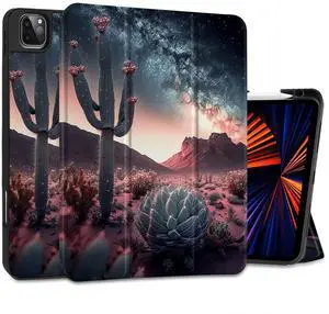 MEEgoodo for iPad Pro M2 12.9 Case 6th/5th/4th/3rd Generation 2022 2021 2020 2018 with Pencil Holder, Tablet Cover with Soft TPU Back Shell, Desert Cactus