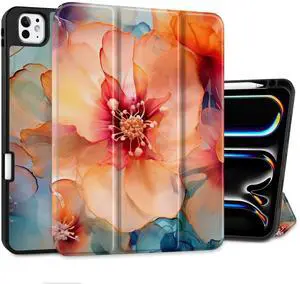 MEEgoodo Case for M4 iPad Pro 11 inch Case 2024, Tablet Cover with Trifold Stand & Pencil Holder & Auto Wake/Sleep & Soft TPU Back Cover, Ink Colorful Flowers